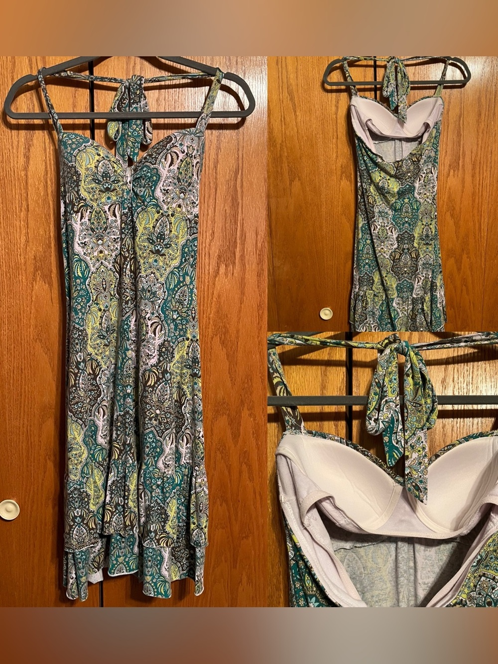 Grane Teal Green Yellow Paisley Halter Casual Dress
